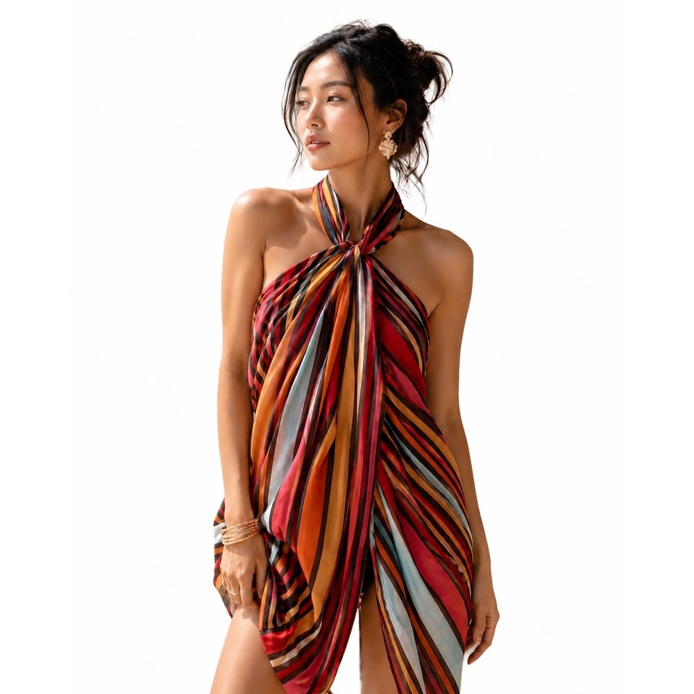 Multi Color Striped Lightweight Scarf Red Orange Pink Rectangle Wrap 105-33